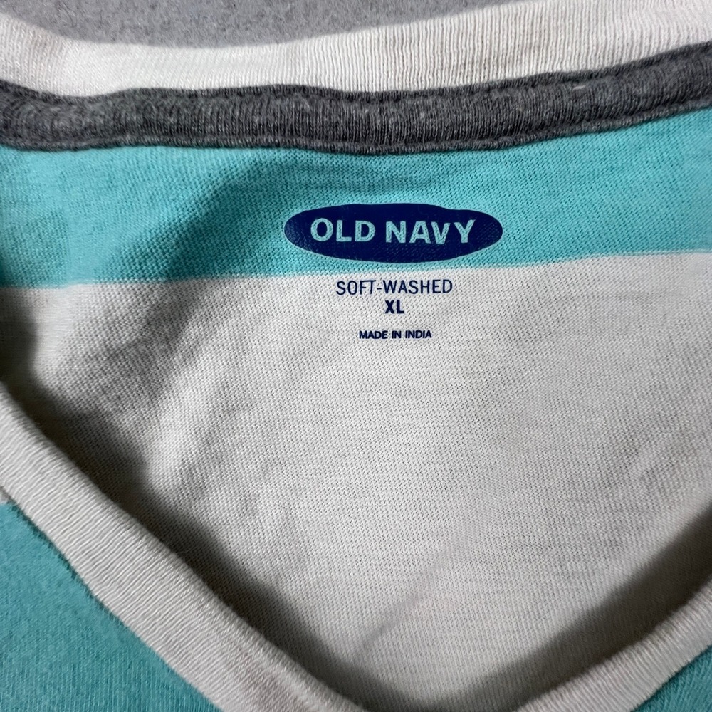 Old Navy V-Neck T-Shirt Mens XL Teal White Striped Soft-Washed Rugby Casual Tee - Picture 5 of 10